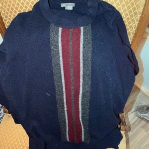 VINCE Navy. burgundy and gray 100% cashmere sweater with Center Stripe.